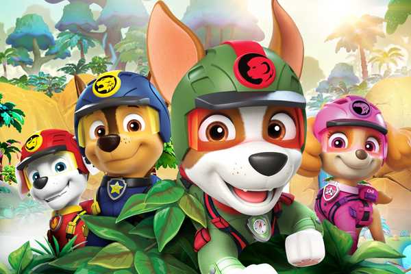 Characters from Paw Patrol Jungle Pups heroically shown against a jungle background.